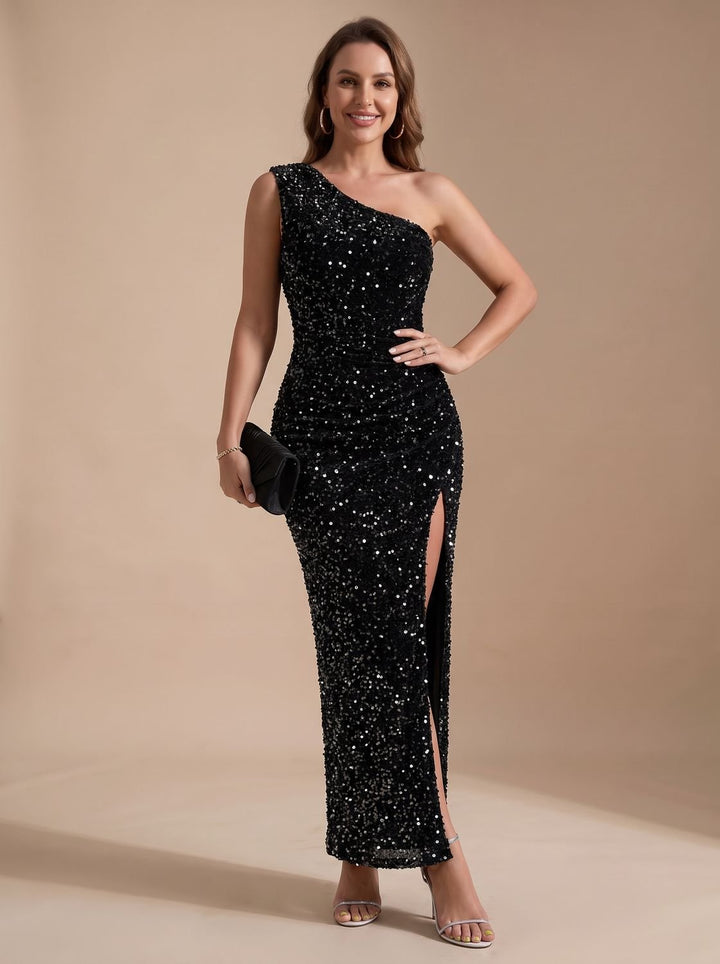 Women's Sequin One-Shoulder High-Slit Christmas Party Maxi Dress - Black