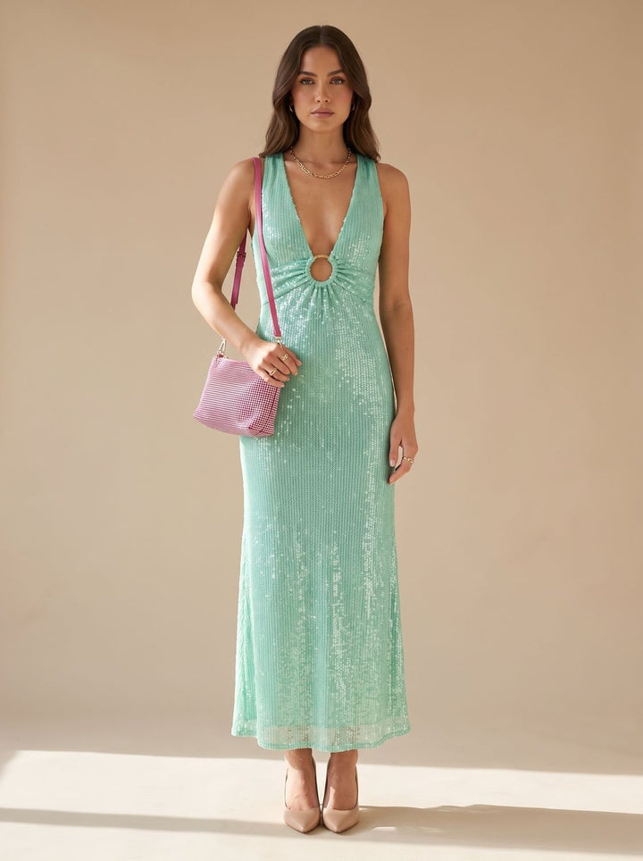Women's Sequin Plunge-Neck Flared-Sleeve Mini Christmas Party Dress