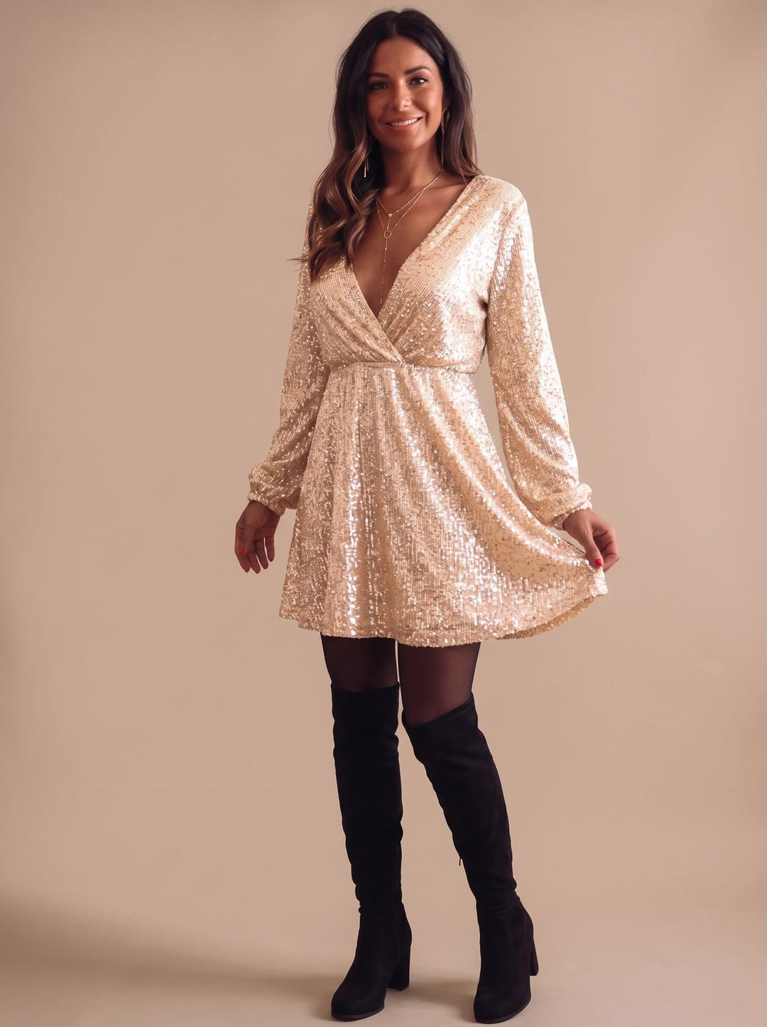 Women's Sequin Wrap-Front Long-Sleeve Christmas Party Dress - Gold