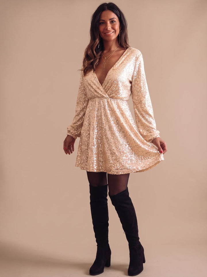 Women's Sequin Wrap-Front Long-Sleeve Christmas Party Dress - Gold
