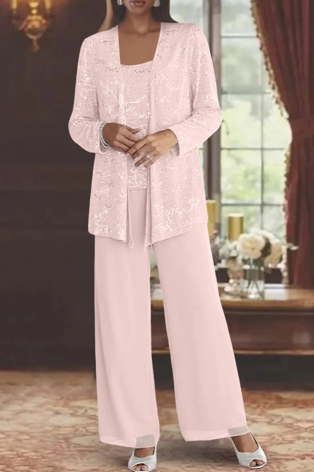 Women's Sequined Three-Piece Wide Leg Pants Suit Long Sleeve