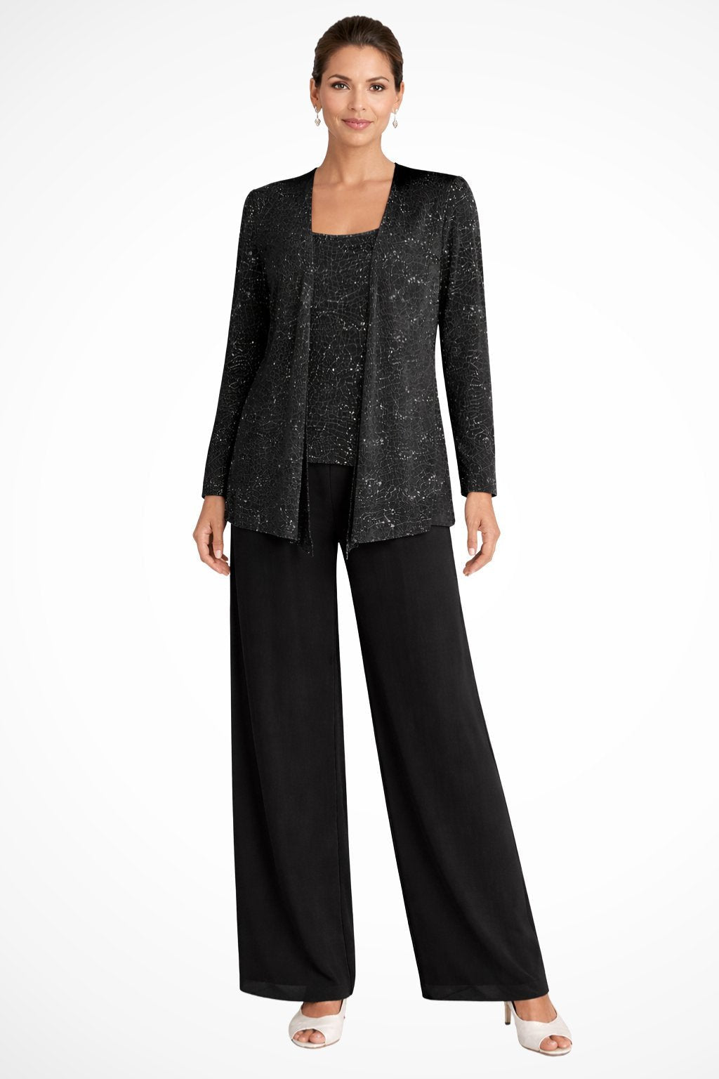 Women's Sequined Three-Piece Wide Leg Pants Suit Long Sleeve - Black