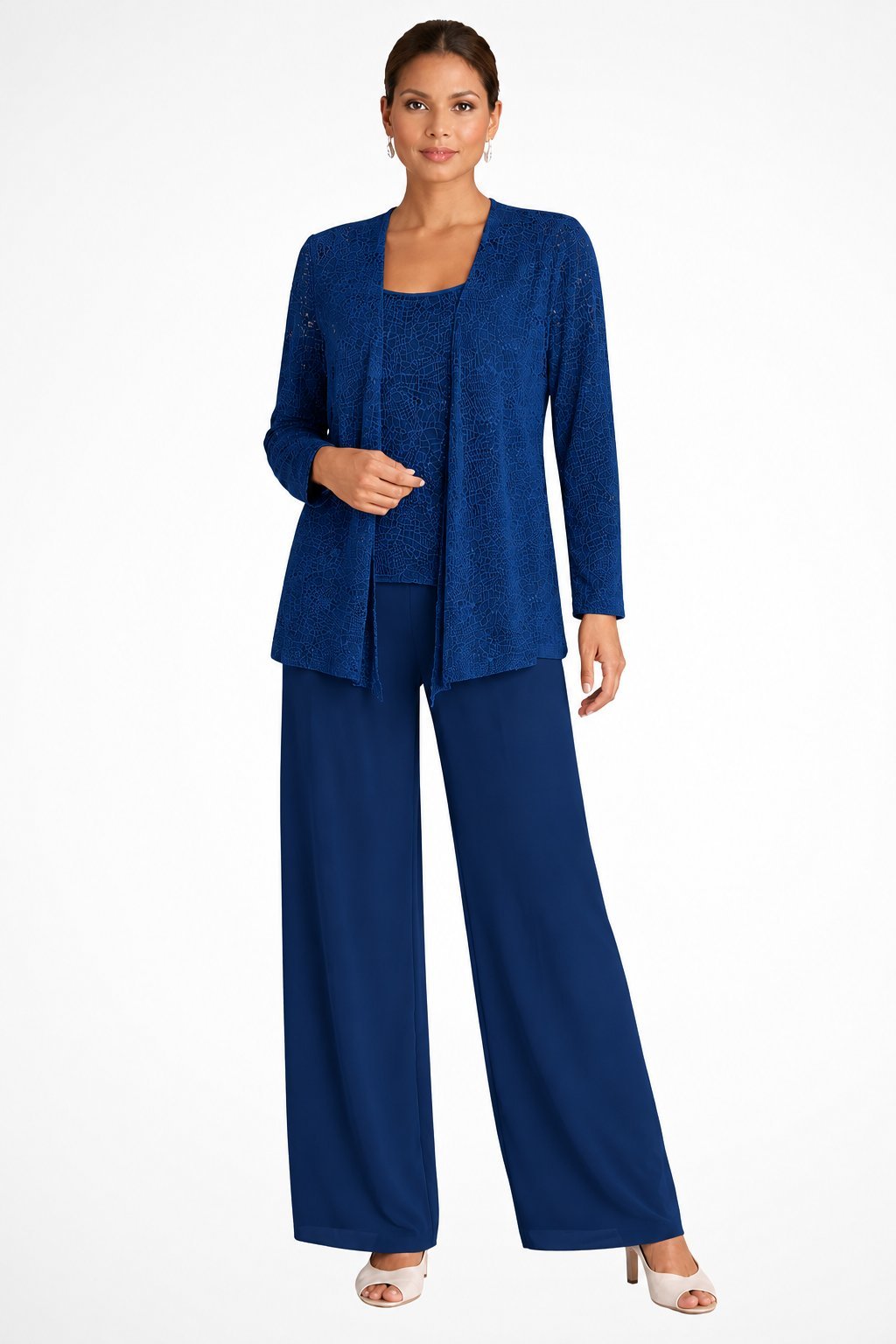 Women's Sequined Three-Piece Wide Leg Pants Suit Long Sleeve - Navy Blue