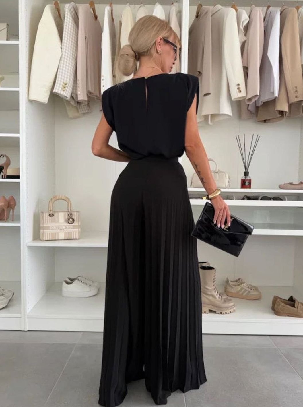 Women's Set Pleated Wide-Leg Pants Padded-Shoulder Sleeveless Two-Piece