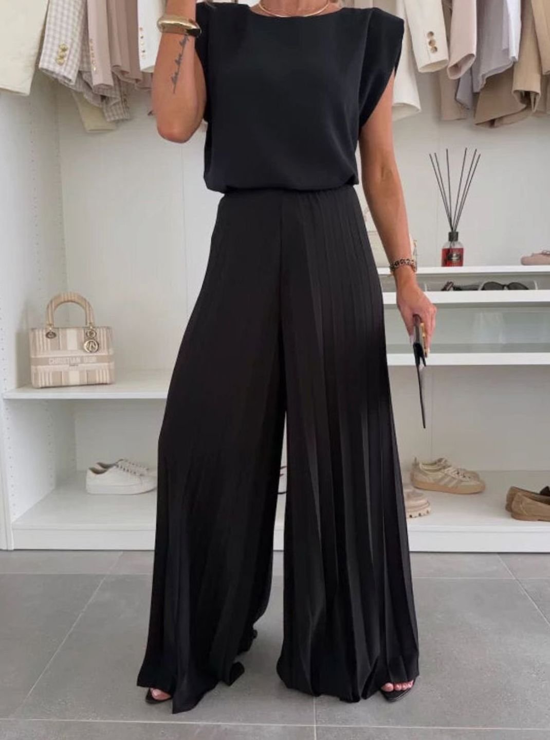 Women's Set Pleated Wide-Leg Pants Padded-Shoulder Sleeveless Two-Piece