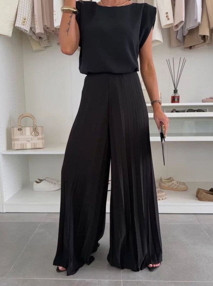 Women's Set Pleated Wide-Leg Pants Padded-Shoulder Sleeveless Two-Piece