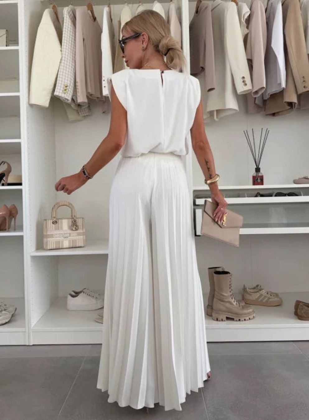 Women's Set Pleated Wide-Leg Pants Padded-Shoulder Sleeveless Two-Piece