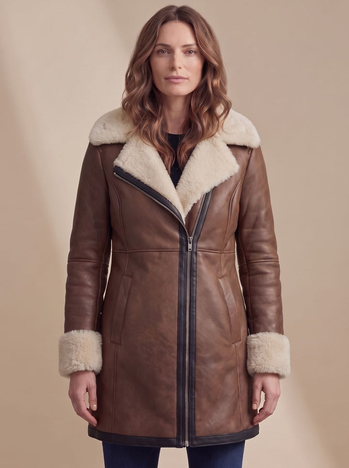 Women's Shearling-Collar Zip-Front Leather Winter Coat - Brown