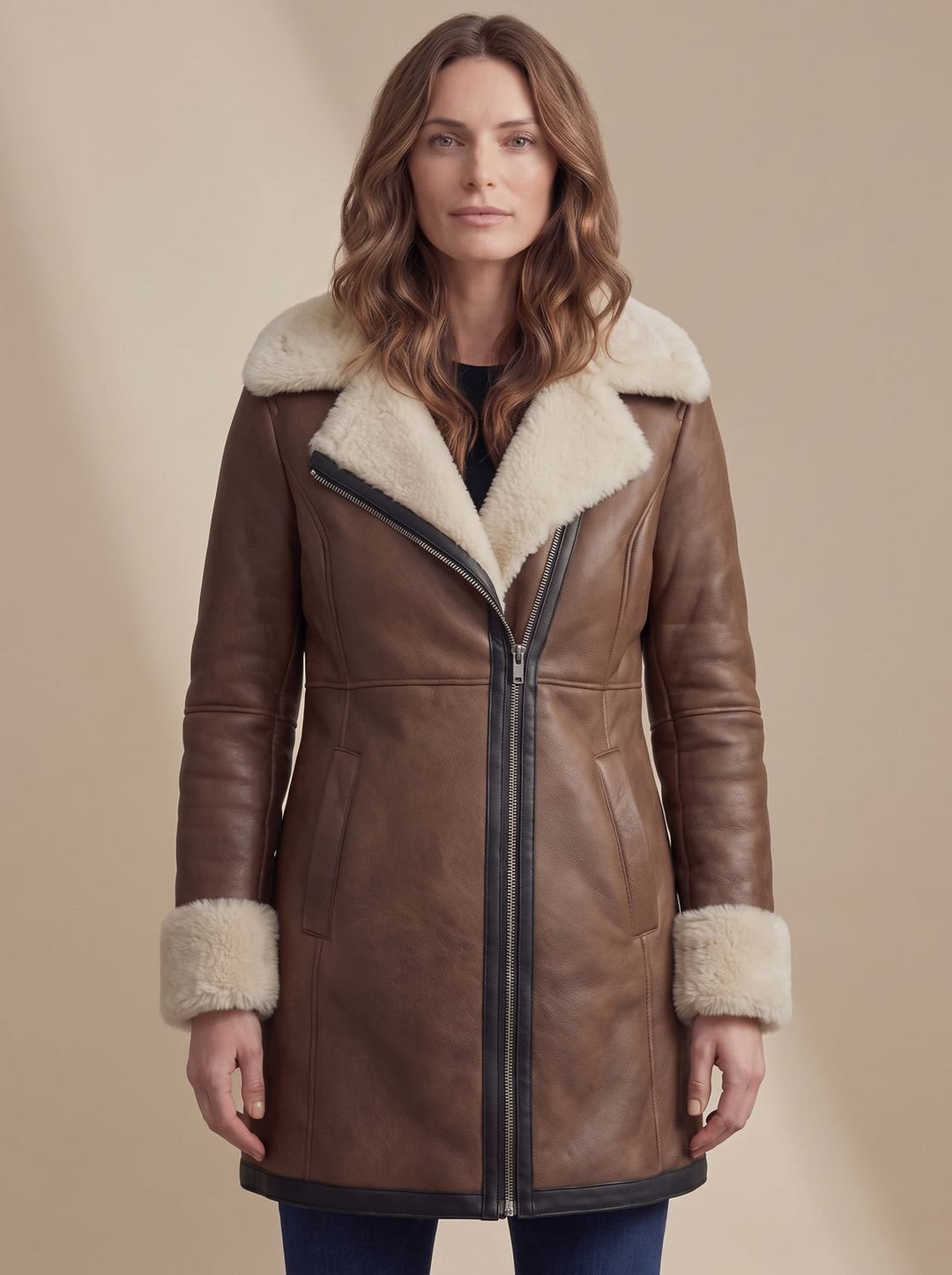 Women's Shearling-Collar Zip-Front Leather Winter Coat