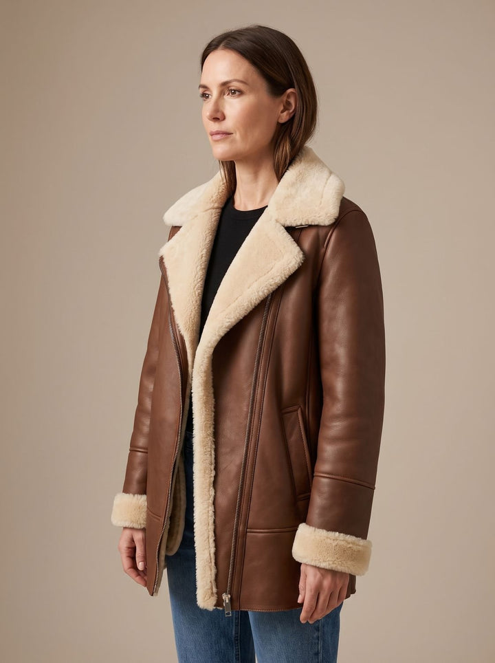 Women's Shearling-Collar Zip-Front Leather Winter Coat
