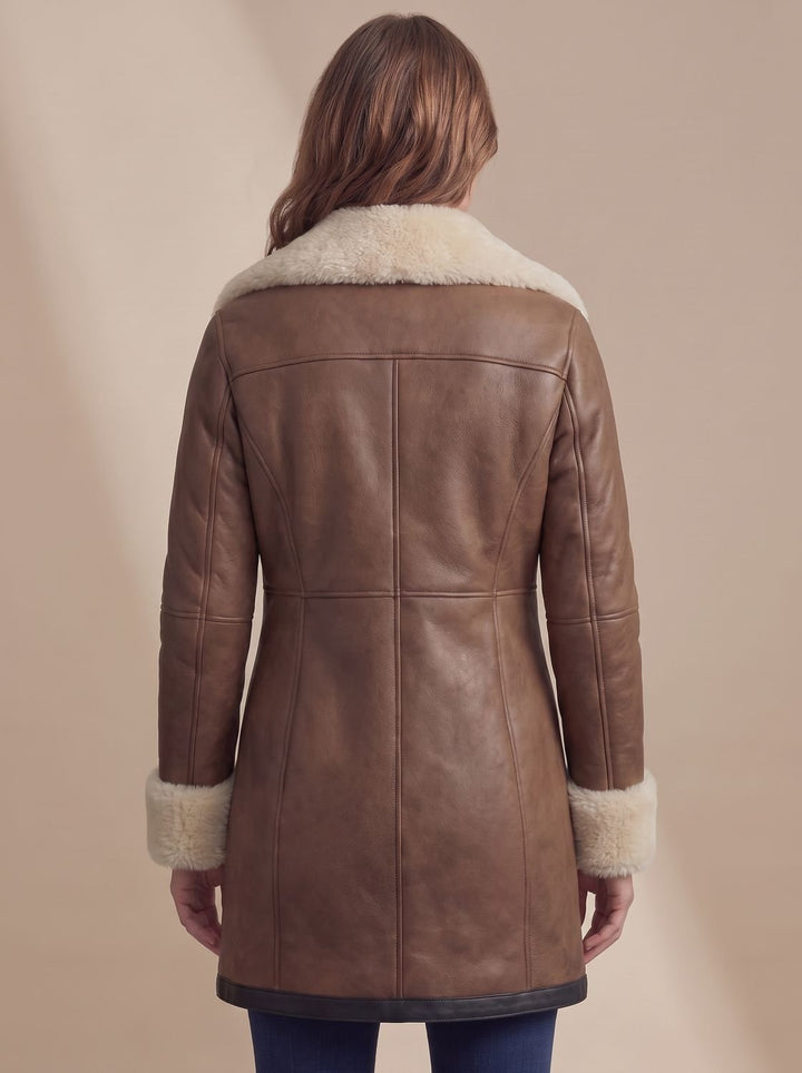Women's Shearling-Collar Zip-Front Leather Winter Coat