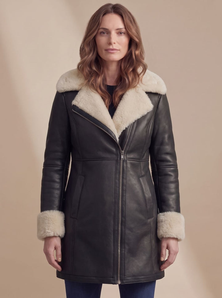 Women's Shearling-Collar Zip-Front Leather Winter Coat