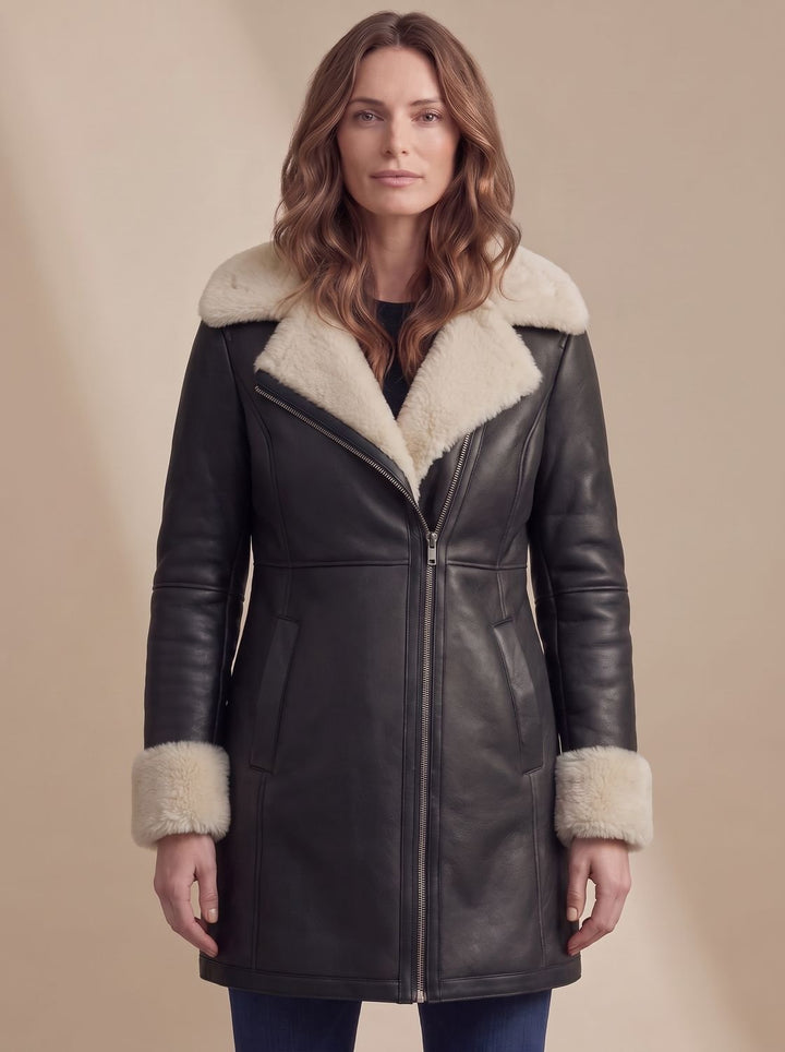 Women's Shearling-Collar Zip-Front Leather Winter Coat - Black