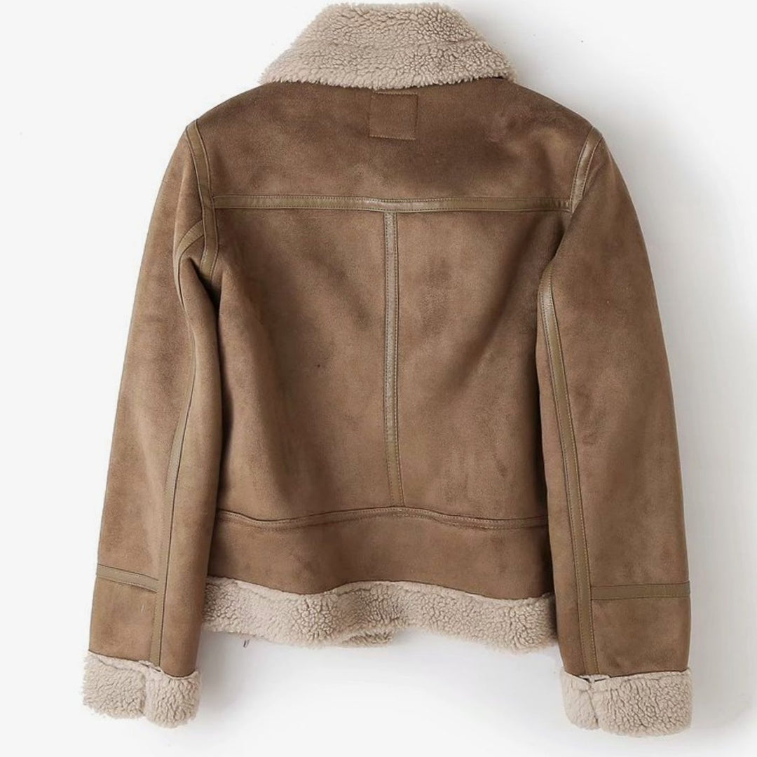 Women's Shearling-Lined Cropped Belted Moto Jacket