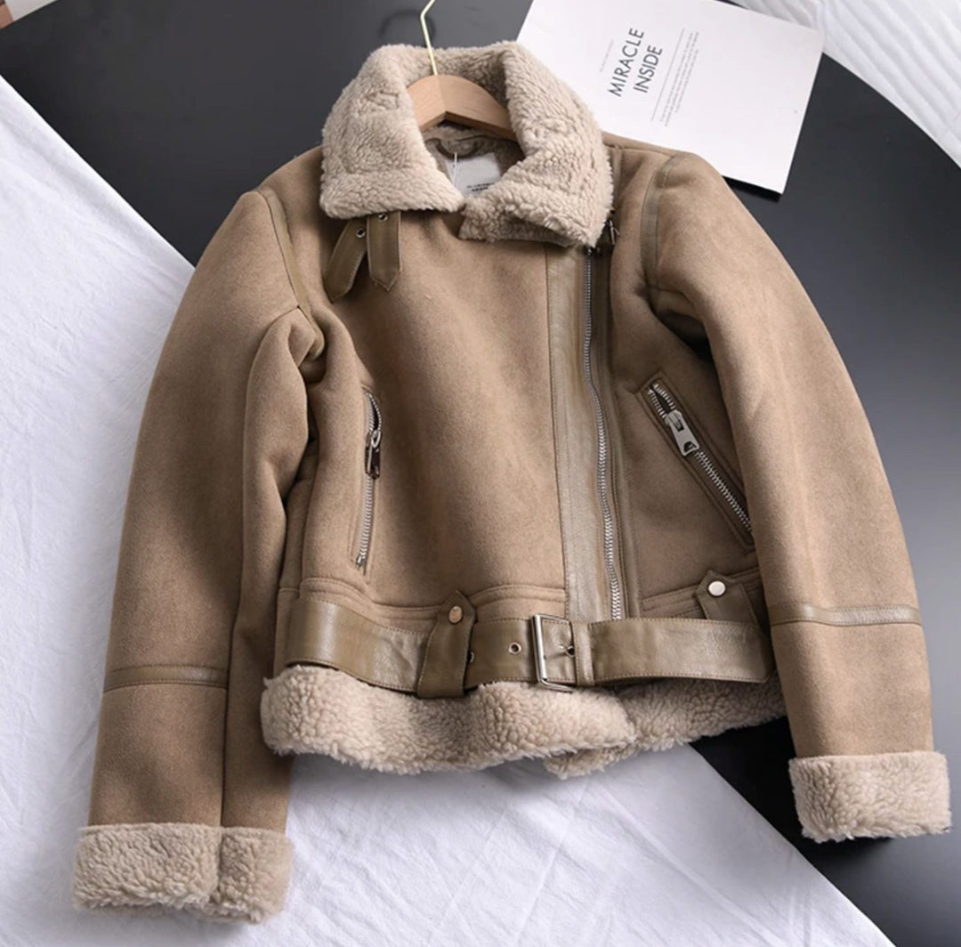 Women's Shearling-Lined Cropped Belted Moto Jacket