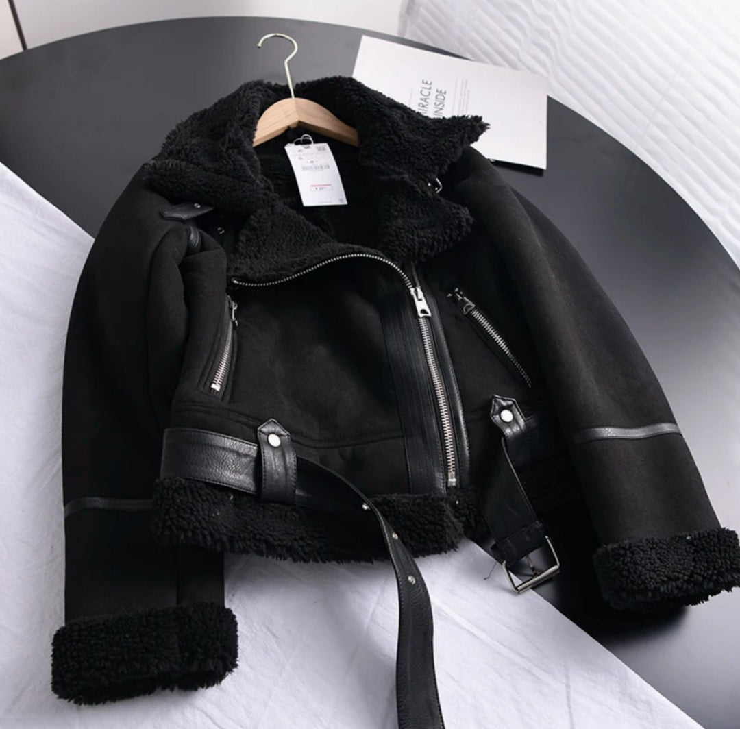 Women's Shearling-Lined Cropped Belted Moto Jacket