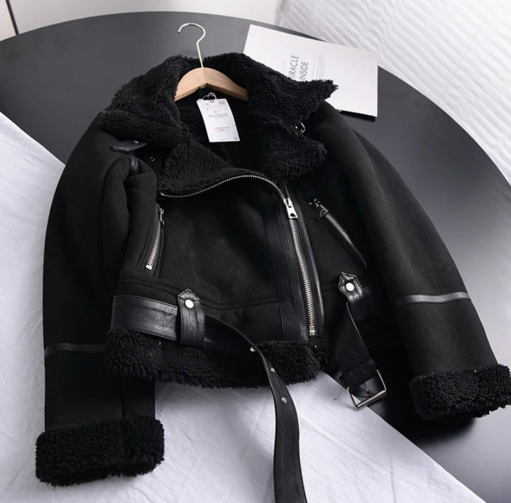 Women's Shearling-Lined Cropped Belted Moto Jacket