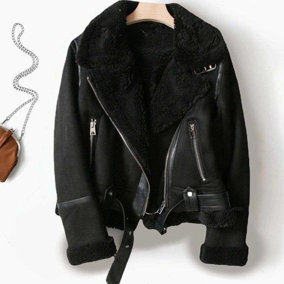 Women's Shearling-Lined Cropped Belted Moto Jacket - Black