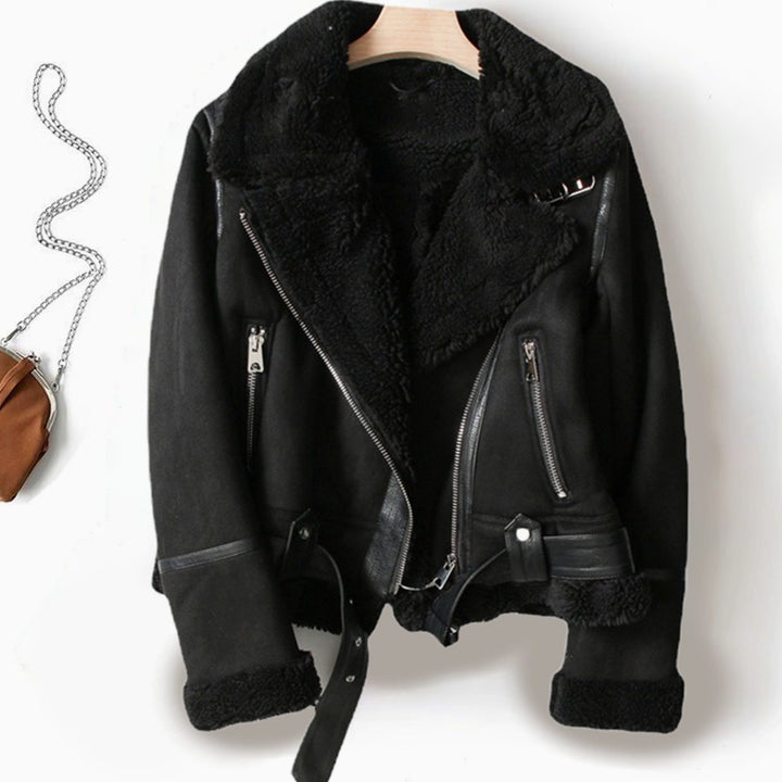 Women's Shearling-Lined Cropped Belted Moto Jacket - Black