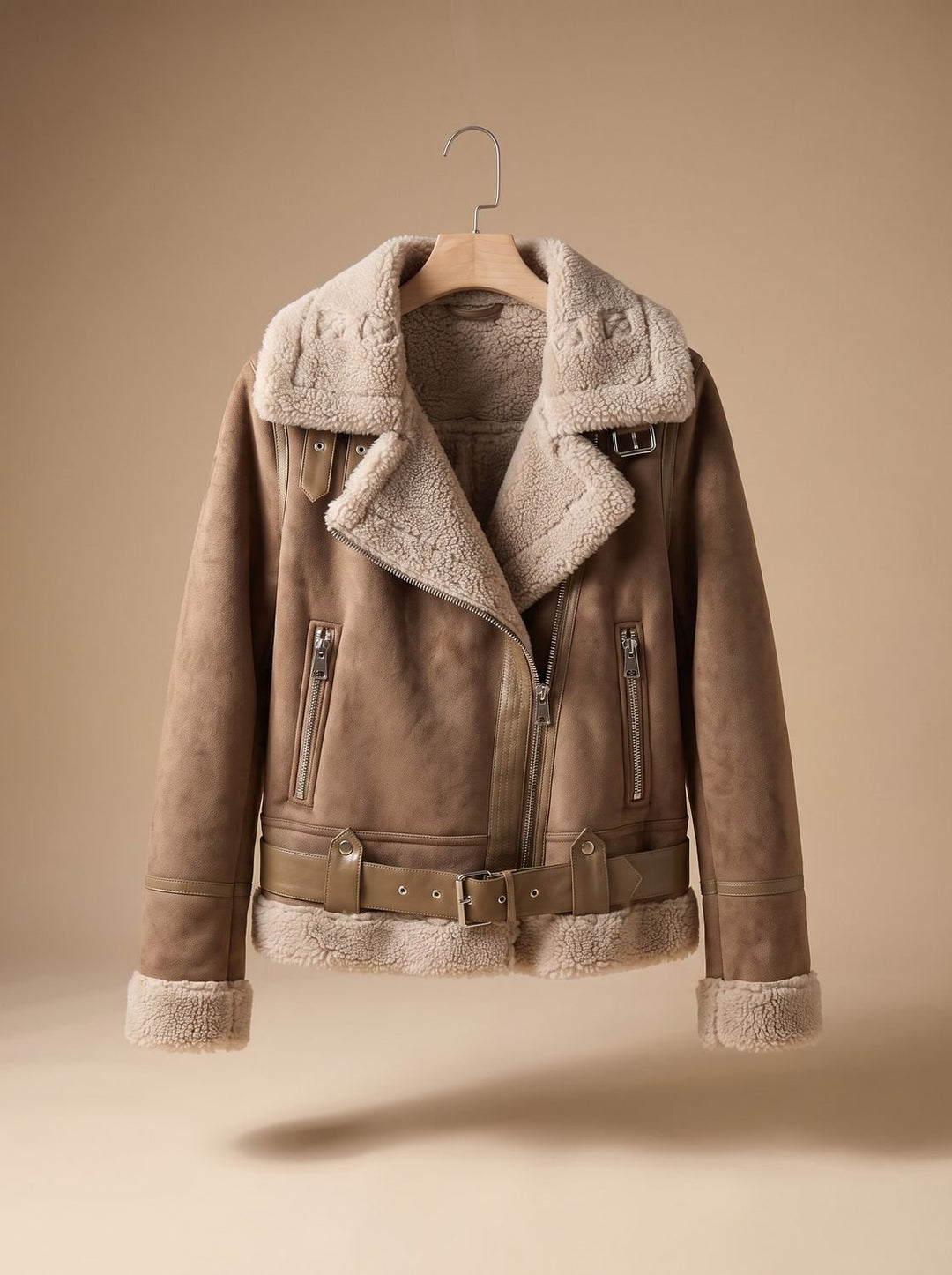 Women's Shearling-Lined Cropped Belted Moto Jacket, Brown - Brown