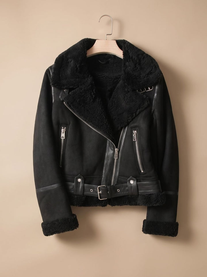 Women's Shearling-Lined Cropped Belted Moto Jacket, Brown - Black