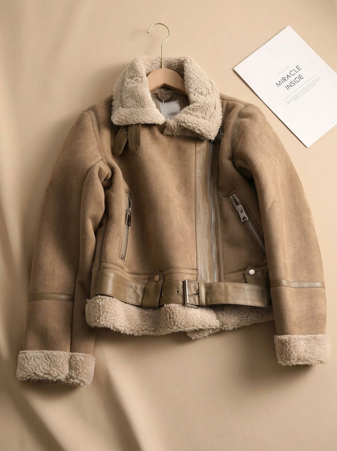 Women's Shearling-Lined Cropped Belted Moto Jacket, Brown