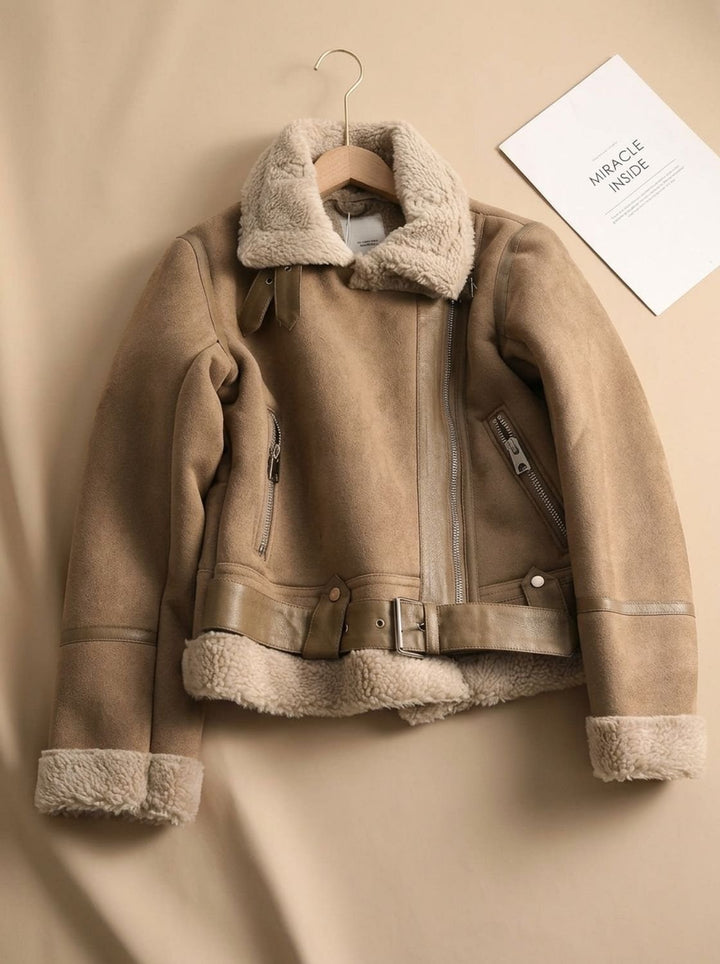 Women's Shearling-Lined Cropped Belted Moto Jacket, Brown
