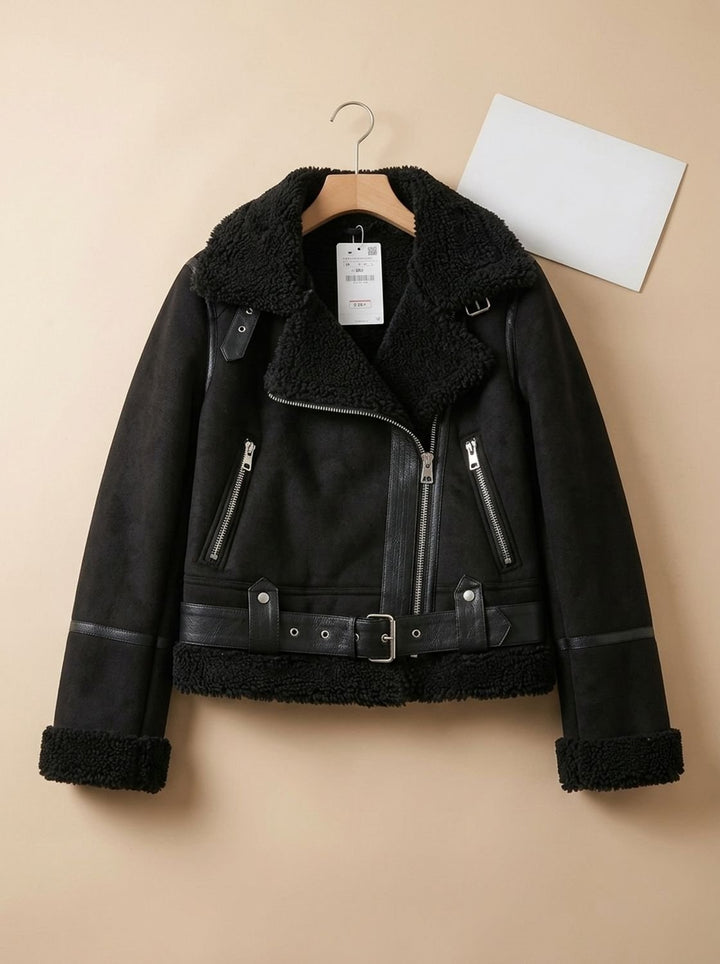 Women's Shearling-Lined Cropped Belted Moto Jacket, Brown