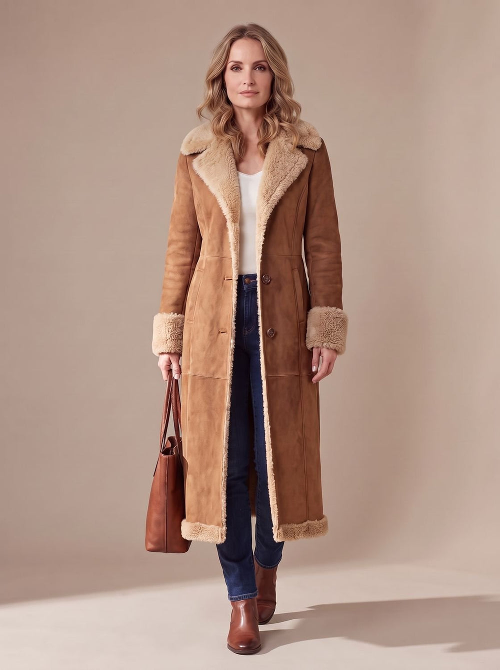 Women's Shearling-Lined Long Button-Front Faux Fur Coat - Brown