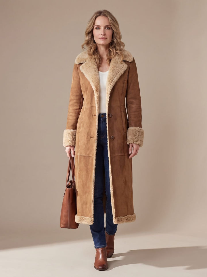 Women's Shearling-Lined Long Button-Front Faux Fur Coat