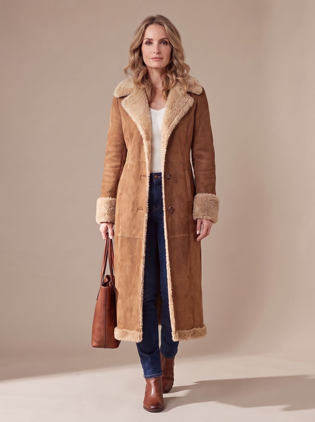 Women's Shearling-Lined Long Button-Front Faux Fur Coat