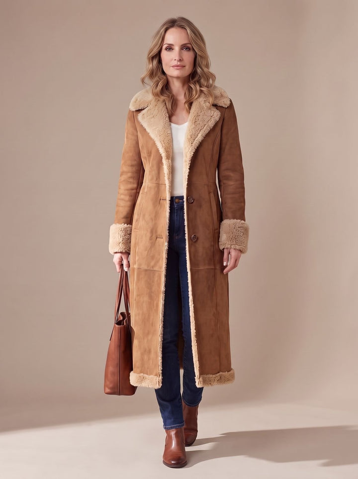Women's Shearling-Lined Long Button-Front Faux Fur Coat