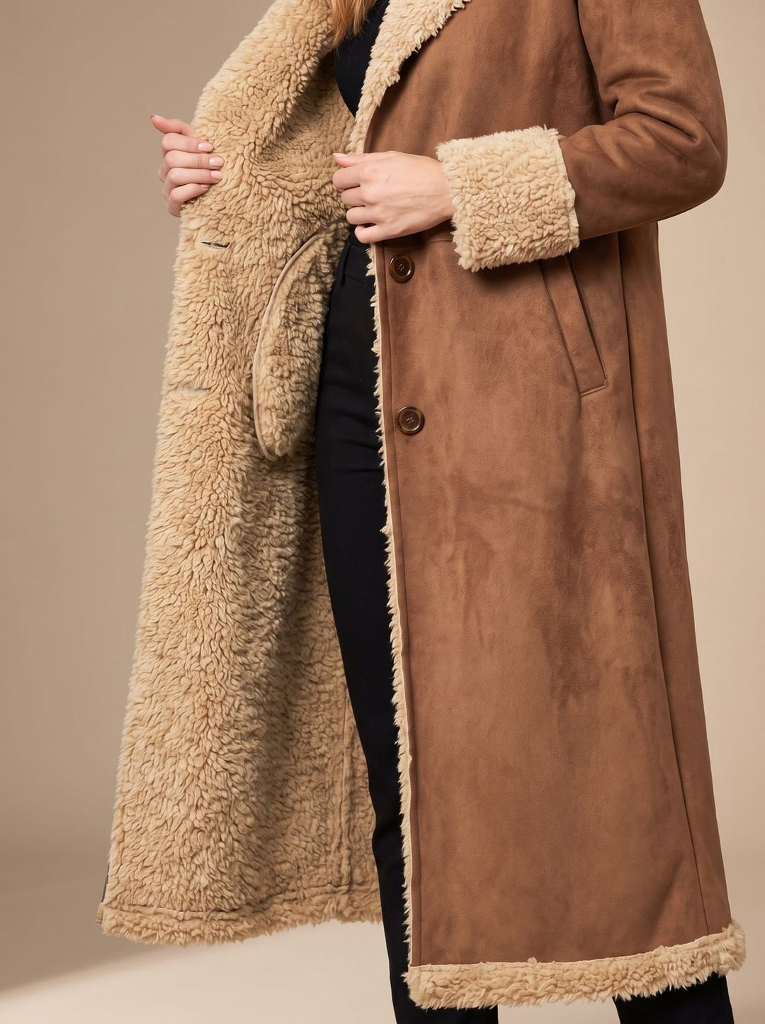 Women's Shearling-Lined Long Button-Front Faux Fur Coat