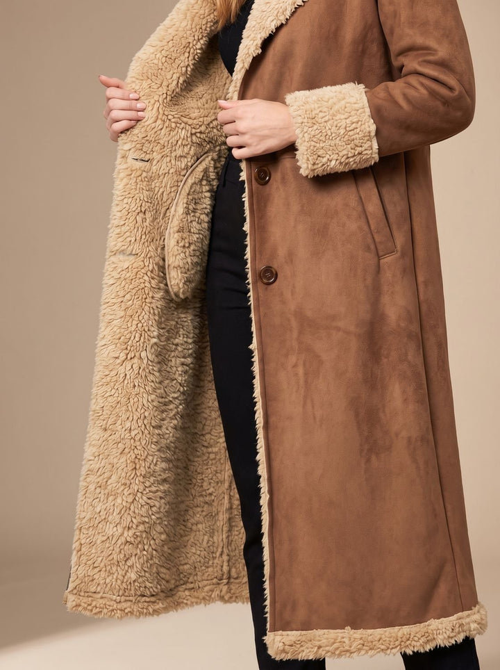 Women's Shearling-Lined Long Button-Front Faux Fur Coat