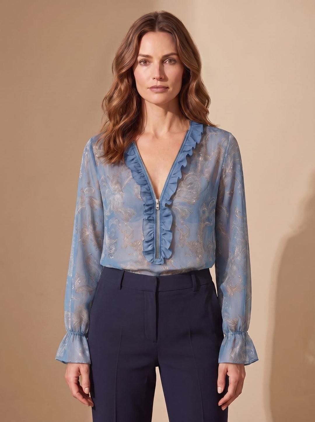 Women's Sheer Chiffon Paisley Ruffle V-Neck Zip Blouse
