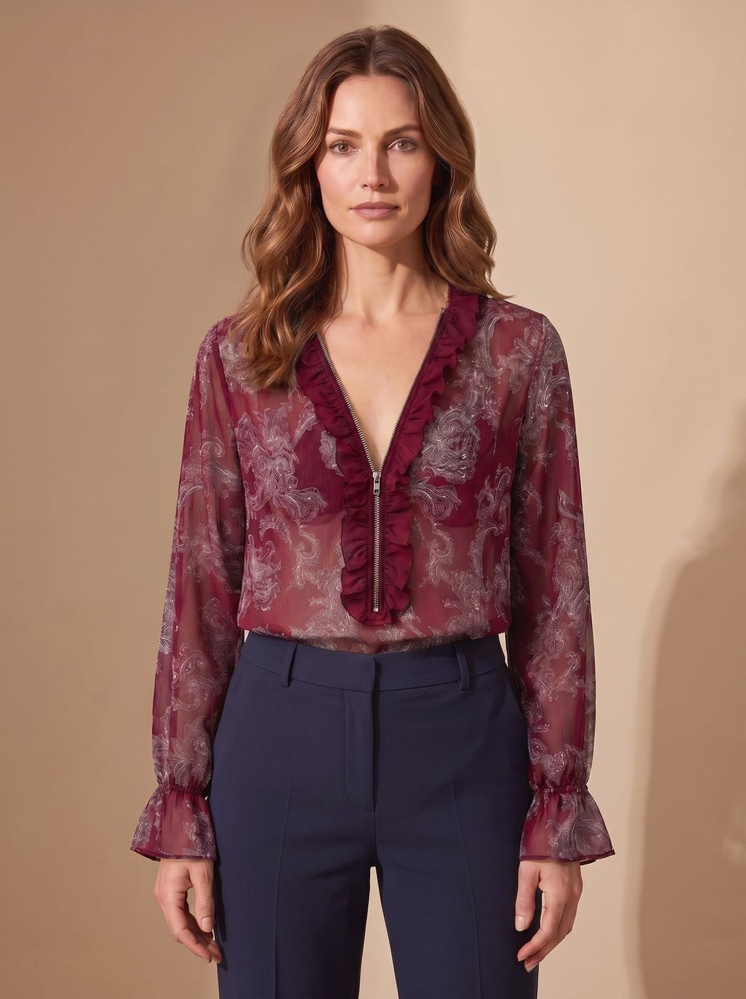 Women's Sheer Chiffon Paisley Ruffle V-Neck Zip Blouse - Crimson