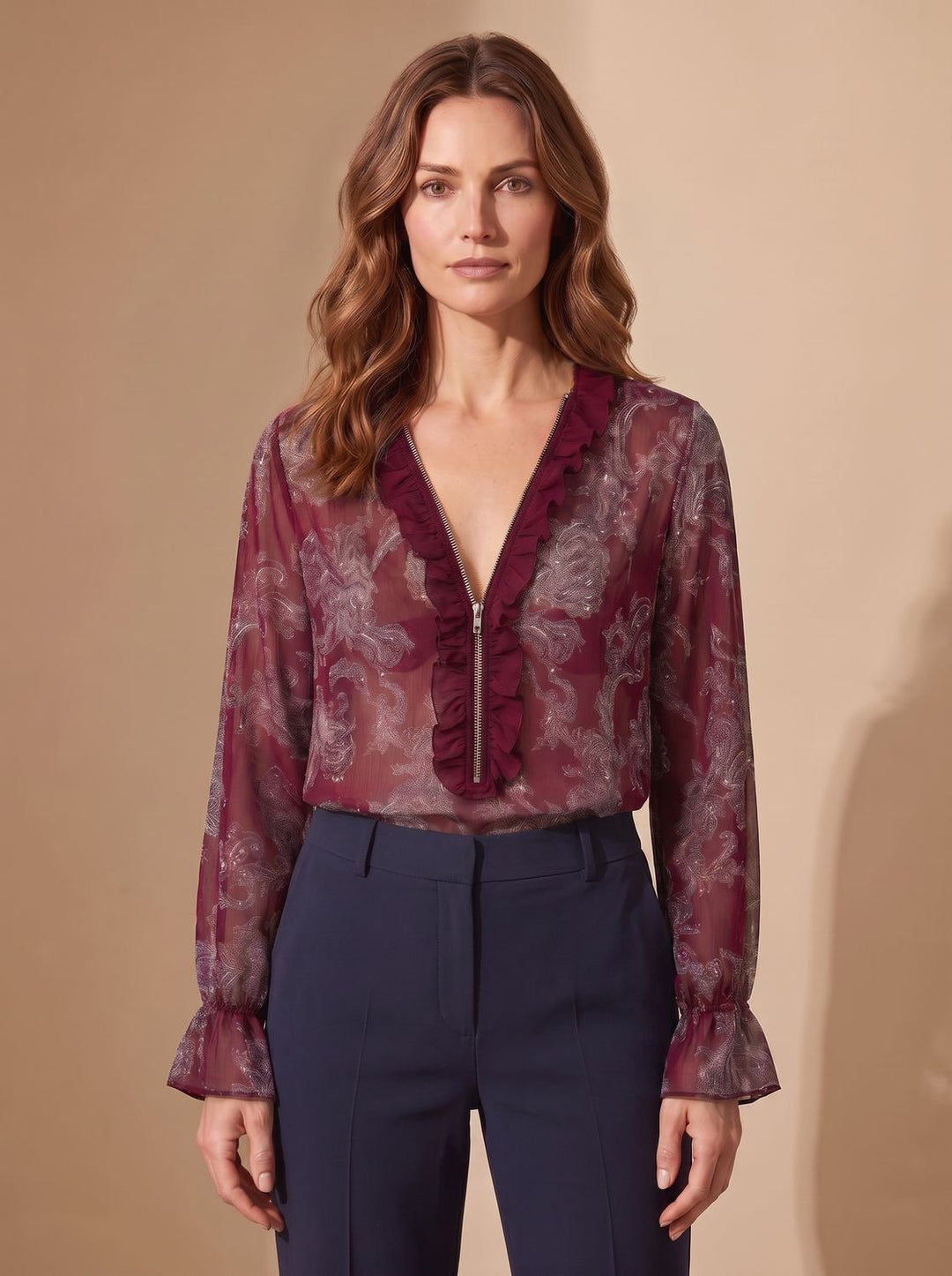 Women's Sheer Chiffon Paisley Ruffle V-Neck Zip Blouse