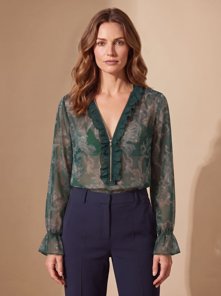 Women's Sheer Chiffon Paisley Ruffle V-Neck Zip Blouse - Olive Green