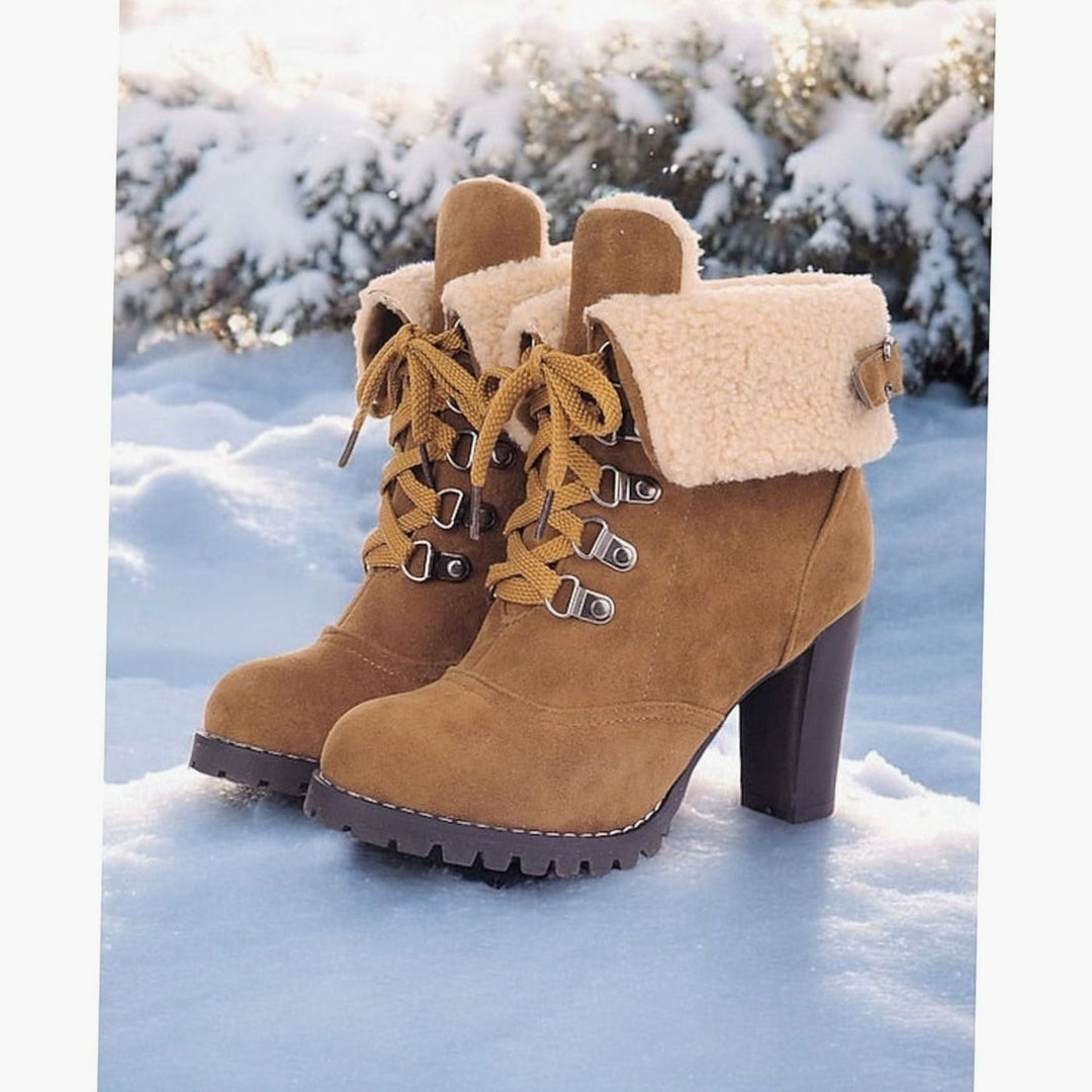 Women's Sherpa-Cuff Lace-Up Chunky Heel Winter Boots - Yellow