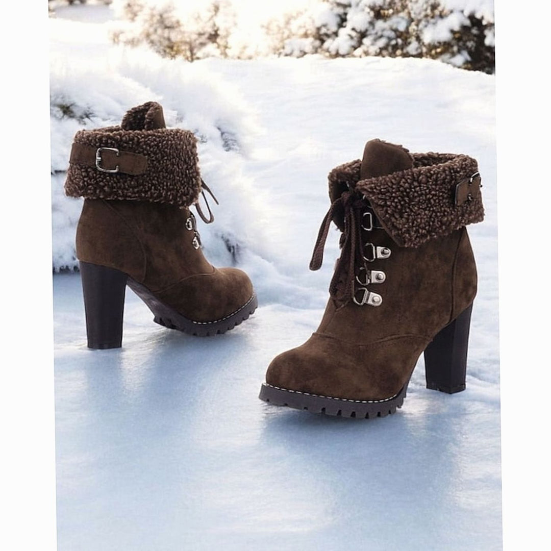 Women's Sherpa-Cuff Lace-Up Chunky Heel Winter Boots