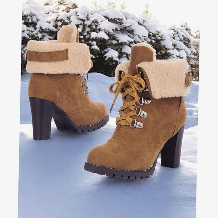 Women's Sherpa-Cuff Lace-Up Chunky Heel Winter Boots