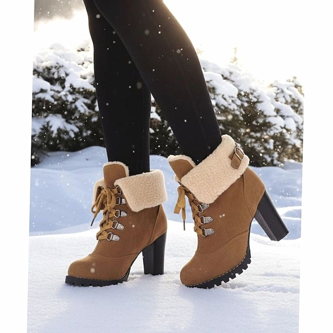 Women's Sherpa-Cuff Lace-Up Chunky Heel Winter Boots