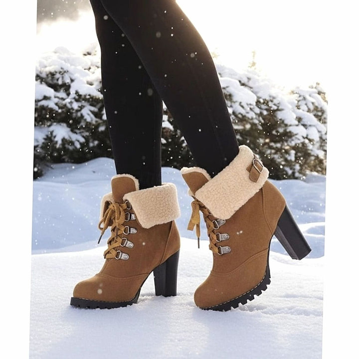 Women's Sherpa-Cuff Lace-Up Chunky Heel Winter Boots