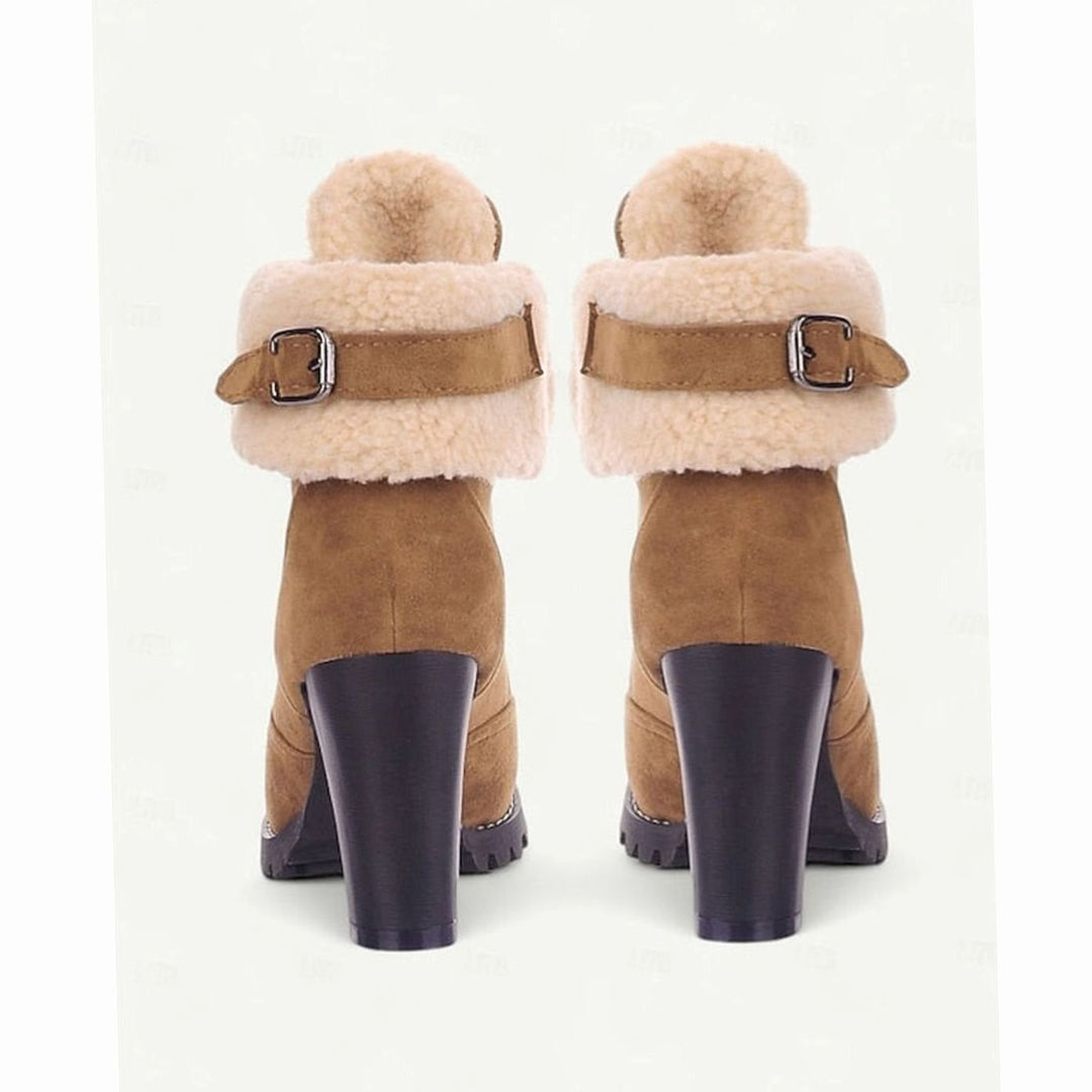 Women's Sherpa-Cuff Lace-Up Chunky Heel Winter Boots