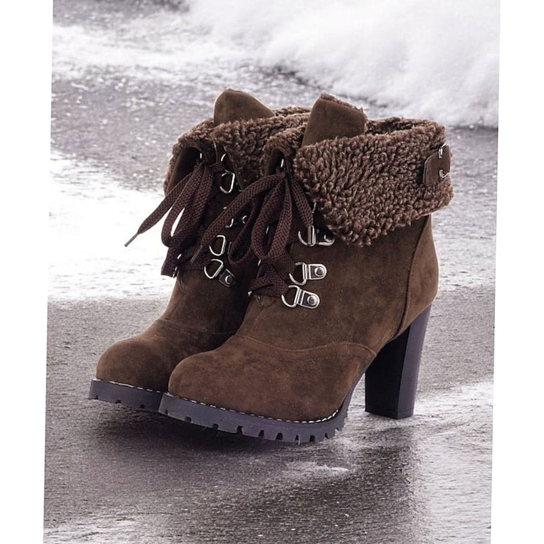 Women's Sherpa-Cuff Lace-Up Chunky Heel Winter Boots - Dark Brown
