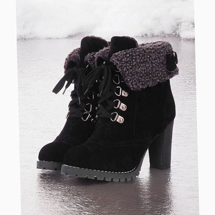 Women's Sherpa-Cuff Lace-Up Chunky Heel Winter Boots - Black