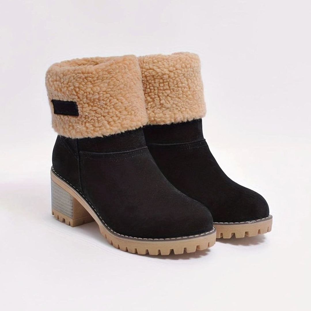 Women's Sherpa-Cuffed Block Heel Winter Snow Boots - Black