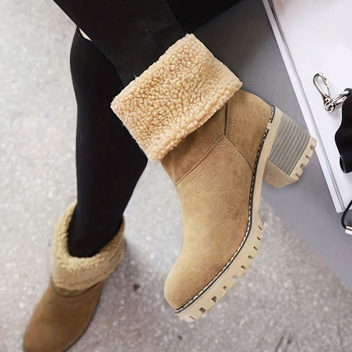 Women's Sherpa-Cuffed Block Heel Winter Snow Boots