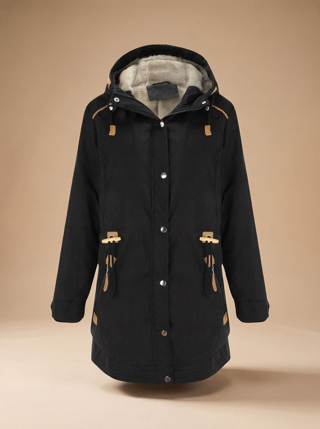 Women's Sherpa-Lined Hooded Parka Coat Adjustable-Waist - Black