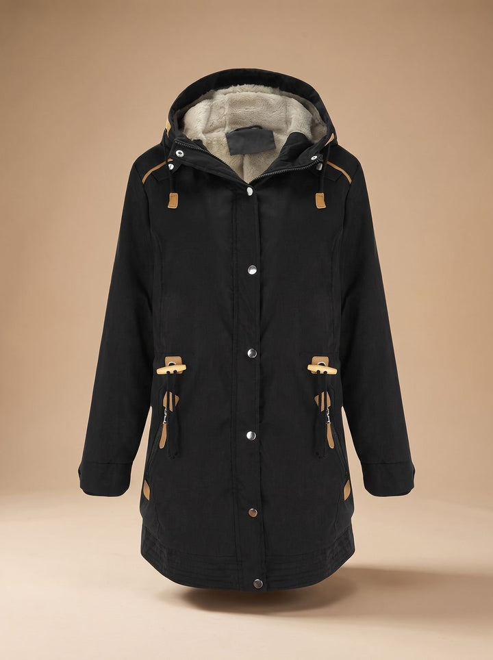 Women's Sherpa-Lined Hooded Parka Coat Adjustable-Waist - Black